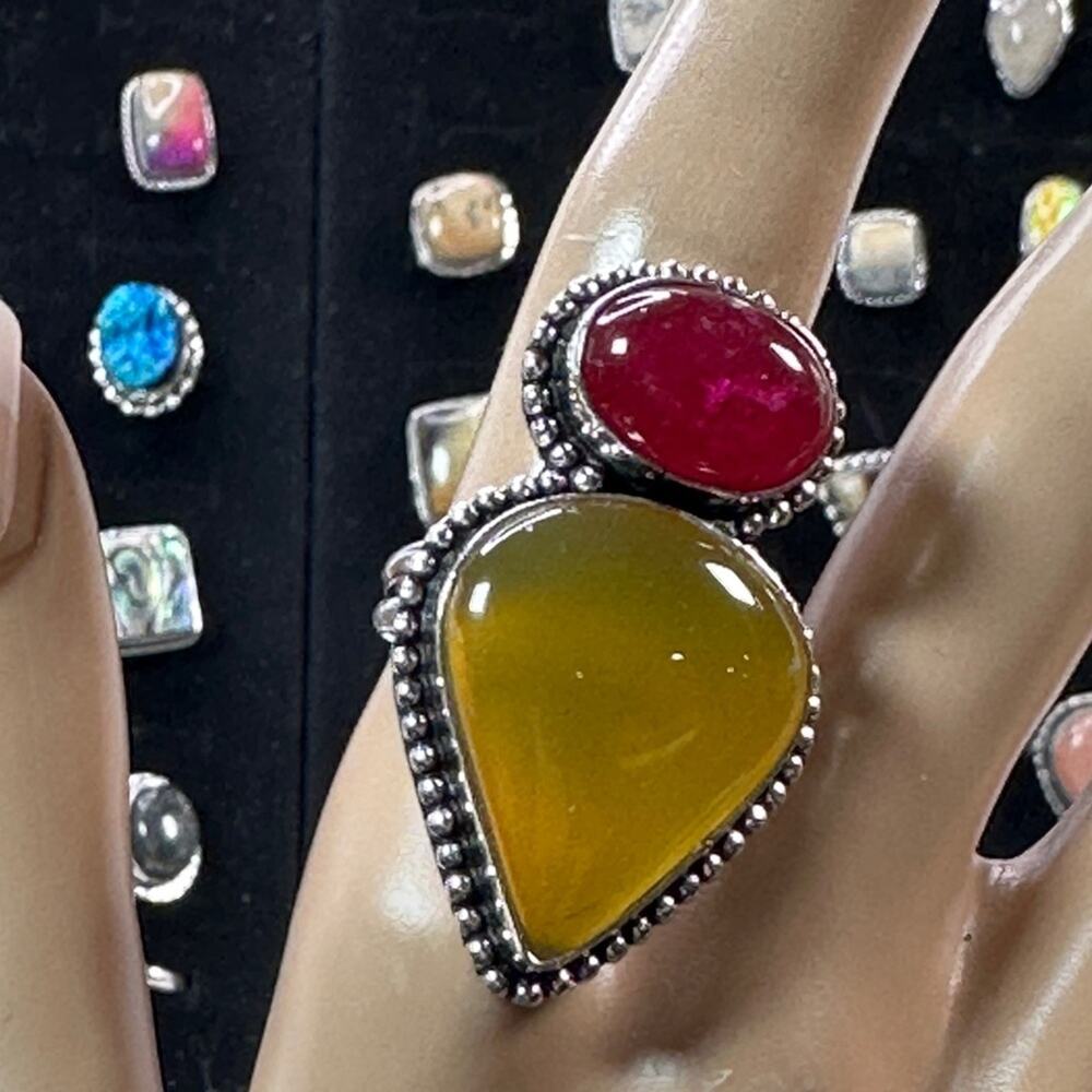 💕 Agate and spinal double stone ring, silver plated,‎ handmade size 10
